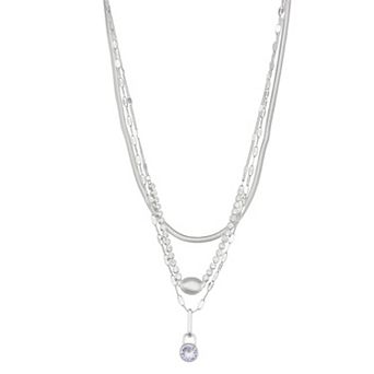 Nine West Silver Tone Crystal 3-Row Necklace
