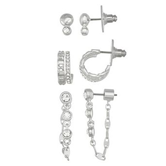 Nine West Silver Tone 3 pc Silver-Tone Crystal Earring Set
