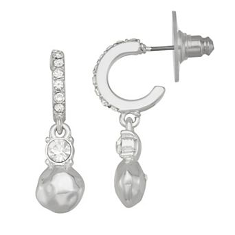 Nine West Silver Tone Crystal Hoop Drop Earrings