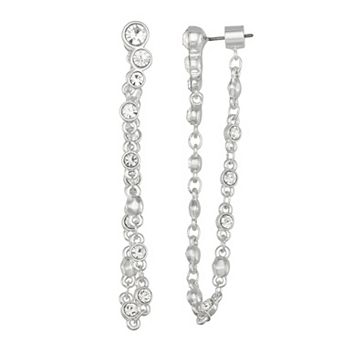 Nine West Silver Tone Crystal Chain Front Back Earrings