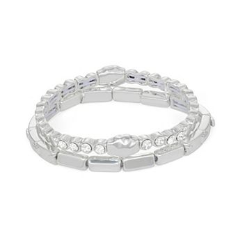 Nine West Silver Tone Crystal Stretch Bracelet Set of 2