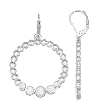 Nine West Silver Tone Crystal Circle Leverback Drop Earrings