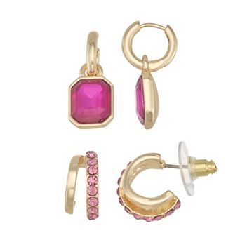 Nine West Gold-Tone Simulated Crystal Huggie 2-Pair Earrings Set