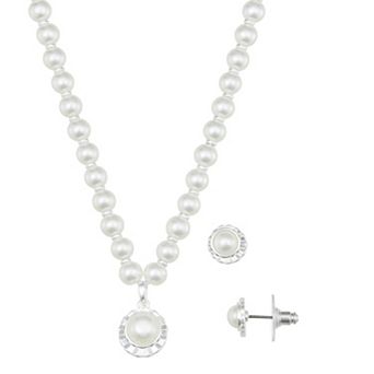 You're Invited Silver Tone Simulated Pearl Pendant Necklace & Stud Earring Set