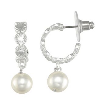 You're Invited Silver Tone Simulated Pearl Drop Hoop Earrings