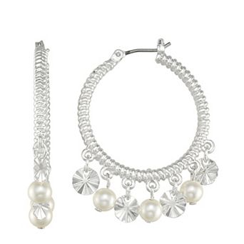 You're Invited Silver Tone Simulated Pearl Hoop Drop Earrings