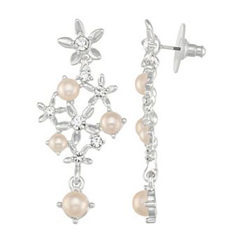 You're Invited Silver Tone Simulated Pink Pearl & Crystal Floral Chandelier Earrings