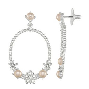 You're Invited Silver Tone Simulated Pink Pearl & Crystal Round Drop Earrings