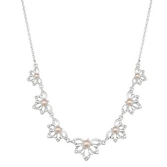 You're Invited Silver Tone Simulated Pink Pearl Floral Frontal Necklace