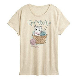 Women's Live Softly Crochet Kitten Graphic Tee