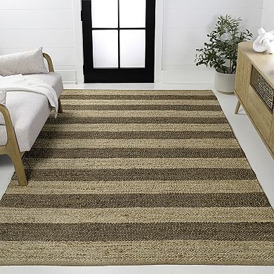 Jayden Rustic Farmhouse Woven Jute Stripe Area Rug