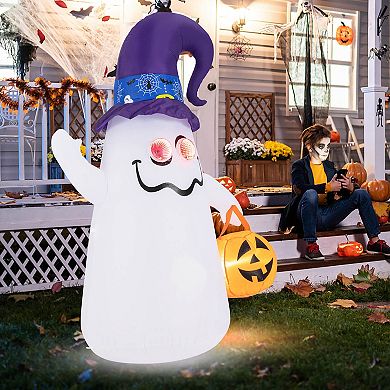 Costway 6 Ft Halloween Inflatables Cute Ghost with Jack-O-Lantern & Witch Hat
