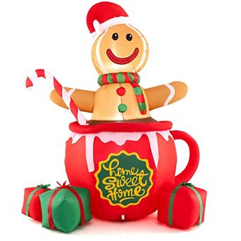 Costway 7 FT Christmas Inflatable Blow up Pre-Lit Gingerbread Man in Mug with Gift Boxes
