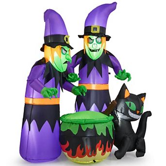 Costway 6 Ft Inflatable Halloween Witches Blow up 2 Scary Witch with Cauldron & Black Cat