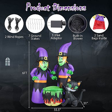 Costway 6 Ft Inflatable Halloween Witches Blow up 2 Scary Witch with Cauldron & Black Cat