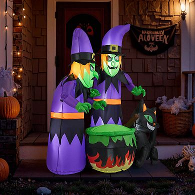 Costway 6 Ft Inflatable Halloween Witches Blow up 2 Scary Witch with Cauldron & Black Cat