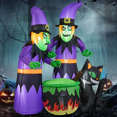 Costway 6 Ft Inflatable Halloween Witches Blow up 2 Scary Witch with Cauldron & Black Cat