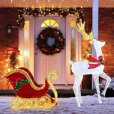 Costway Lighted Christmas Reindeer & Sleigh Set Light-up Xmas Decorations with 462 LED Lights