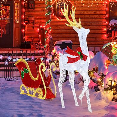 Costway Lighted Christmas Reindeer & Sleigh Set Light-up Xmas Decorations with 462 LED Lights