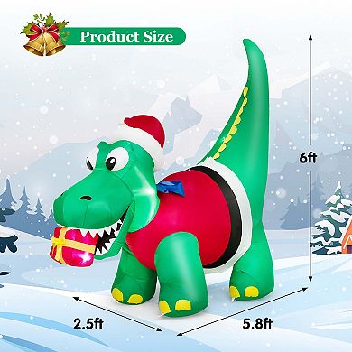 Costway 6FT Inflatable Christmas Dinosaur with LED Lights Gift Box & Blower Party Yard