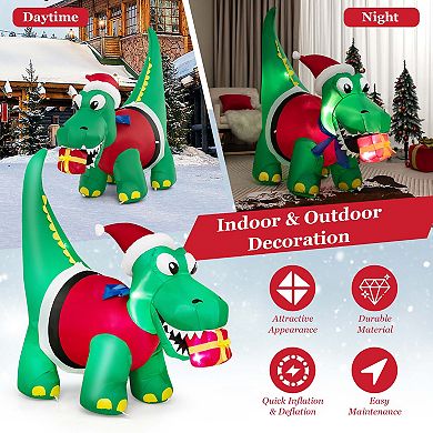 Costway 6FT Inflatable Christmas Dinosaur with LED Lights Gift Box & Blower Party Yard