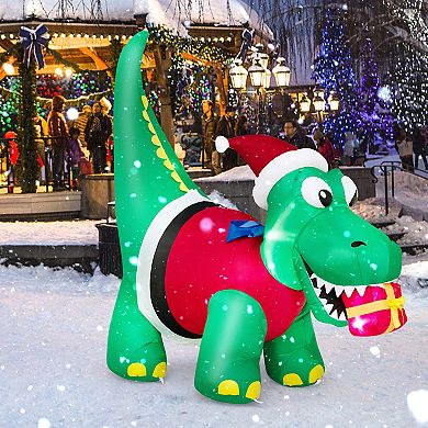 Costway 6FT Inflatable Christmas Dinosaur with LED Lights Gift Box & Blower Party Yard