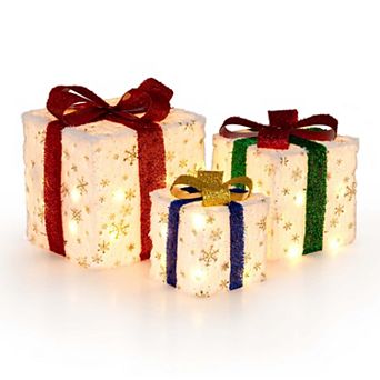 Costway Set of 3 Christmas Lighted Gift Boxes Pre-lit Present Decoration with 48 Lights