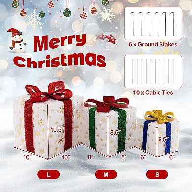 Costway Set of 3 Christmas Lighted Gift Boxes Pre-lit Present Decoration with 48 Lights