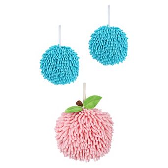 3 pc Soft Absorbent Fluffy Chenille Ball Hand Towel Set, Fuzzy Decorative Towel w Wall Hook 6"x6"
