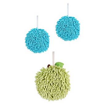 3 pc Soft Absorbent Fluffy Chenille Ball Hand Towel Set, Fuzzy Decorative Towel w Wall Hook 6"x6"