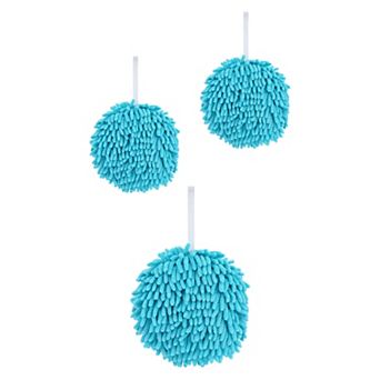 3 pc Soft Absorbent Fluffy Chenille Ball Hand Towel Set, Fuzzy Decorative Towel w Wall Hook 6"x6"