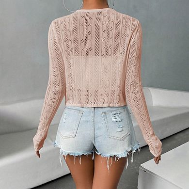 Tie Front Tops for Women Sheer Knit Cardigan Openwork Bolero Shrug Cover Up Sweater with Floral