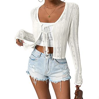 Tie Front Tops for Women Sheer Knit Cardigan Openwork Bolero Shrug Cover Up Sweater with Floral