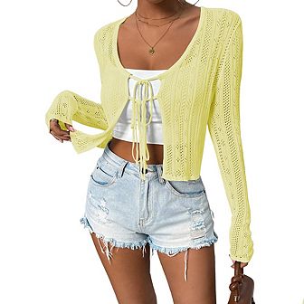 Tie Front Tops for Women Sheer Knit Cardigan Openwork Bolero Shrug Cover Up Sweater with Floral
