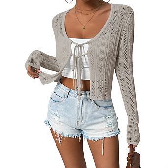 Tie Front Tops for Women Sheer Knit Cardigan Openwork Bolero Shrug Cover Up Sweater with Floral