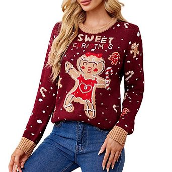 Women's Sweater Long Sleeve Pullover Loose Chunky Knit Round Neck Christmas Gingerbread Sweater Fall