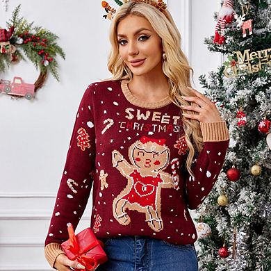Women's Sweater Long Sleeve Pullover Loose Chunky Knit Round Neck Christmas Gingerbread Sweater Fall