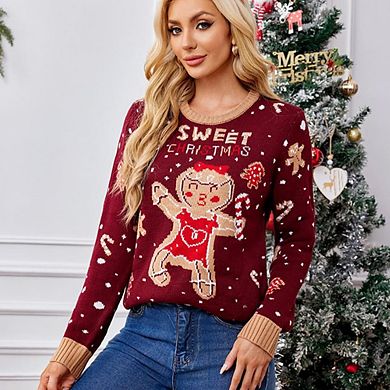 Women's Sweater Long Sleeve Pullover Loose Chunky Knit Round Neck Christmas Gingerbread Sweater Fall