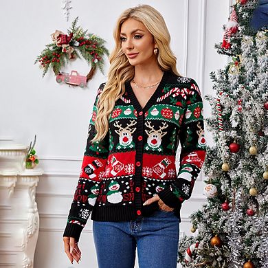 Ugly Christmas Sweater for Women Reindeer Funny Merry Knit Sweater Cardigan Open Front Long Sleeve