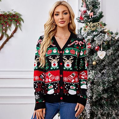 Ugly Christmas Sweater for Women Reindeer Funny Merry Knit Sweater Cardigan Open Front Long Sleeve