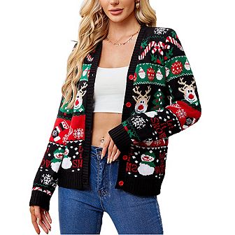 Ugly Christmas Sweater for Women Reindeer Funny Merry Knit Sweater Cardigan Open Front Long Sleeve