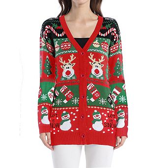 Ugly Christmas Sweater for Women Reindeer Funny Merry Knit Sweater Cardigan Open Front Long Sleeve