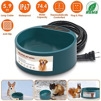 74.4oz Heated Pet Water Bowl, IP67 Waterproof Thermal Water Dish for Dogs, Cats & Rabbits, Automatic