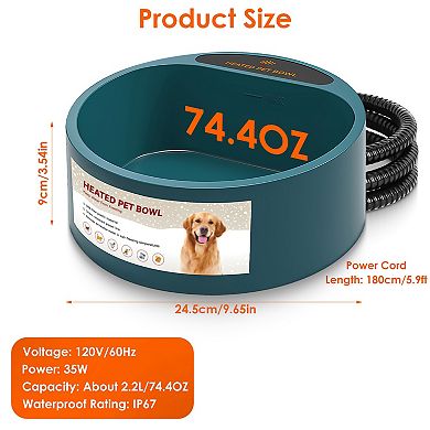 74.4oz Heated Pet Water Bowl, IP67 Waterproof Thermal Water Dish for Dogs, Cats & Rabbits, Automatic