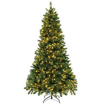 Gymax 7 FT Prelit Christmas Tree Hinged Xmas Tree w/1188 Branch Tips & 700 Warm-White LED Lights