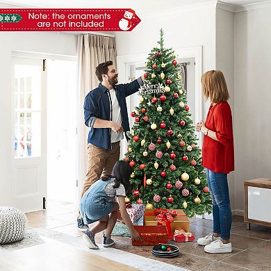 Gymax 7 FT Prelit Christmas Tree Hinged Xmas Tree w/1188 Branch Tips & 700 Warm-White LED Lights