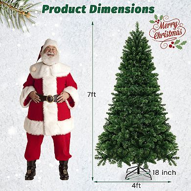Gymax 7 FT Prelit Christmas Tree Hinged Xmas Tree w/1188 Branch Tips & 700 Warm-White LED Lights