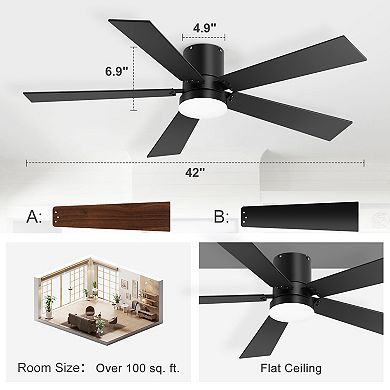 42-Inch Ceiling Fan with LED Light, Dual-Color Reversible Blades, Flush Mount, 2-Pack, Remote