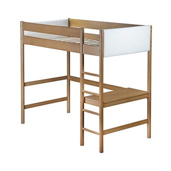 Whisen Twin Size Loft Bed with Desk, Upholstered Headboard, Ladder and Safety Guardrails Natural