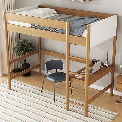 Whisen Twin Size Loft Bed with Desk, Upholstered Headboard, Ladder and Safety Guardrails Natural